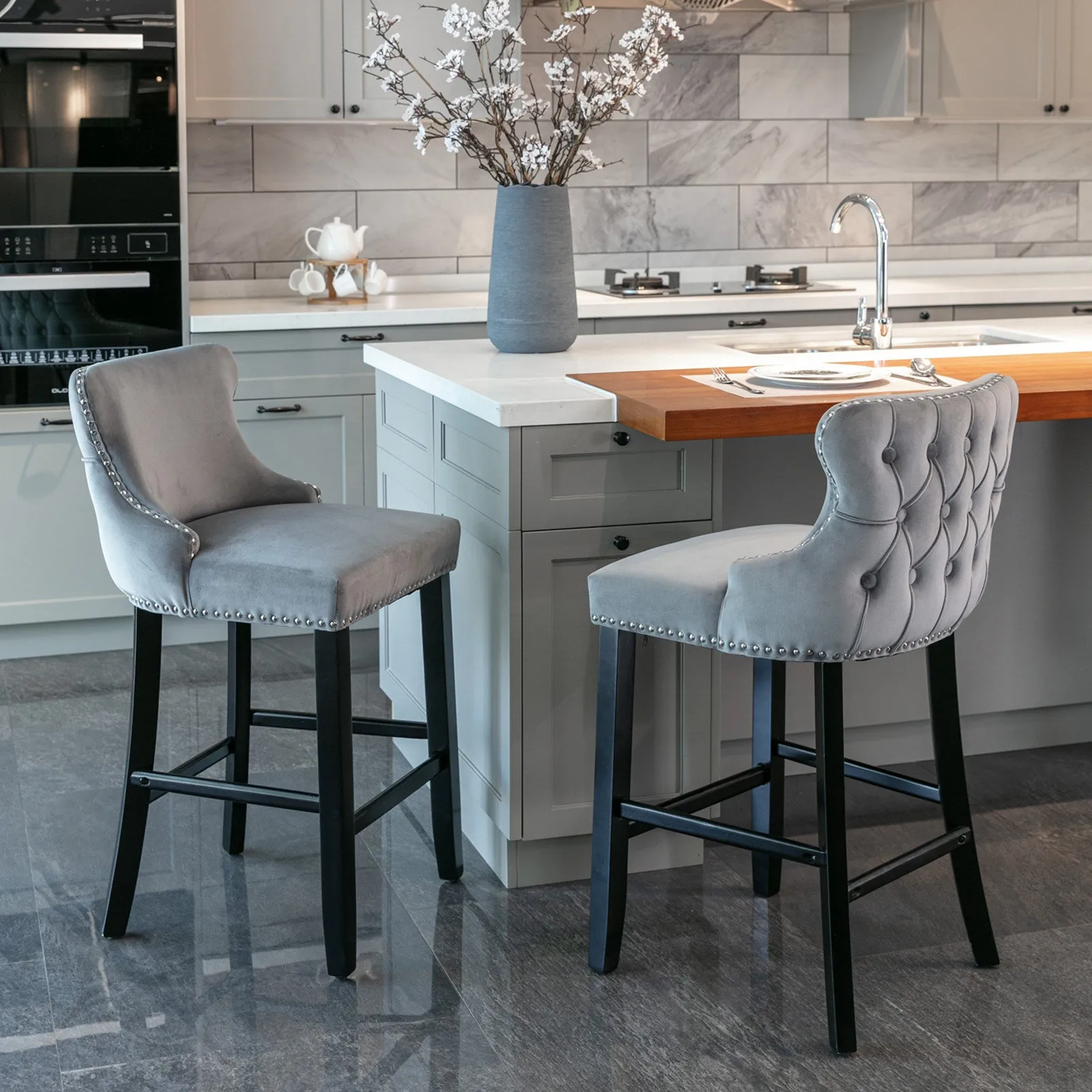 A&A Furniture,Contemporary Velvet Upholstered Wing-Back Barstools with Button Tufted Decoration and Wooden Legs, and Chrome Nailhead Trim, Leisure Style Bar Chairs,Bar stools, Set of 2 (Gray),SW1824GY