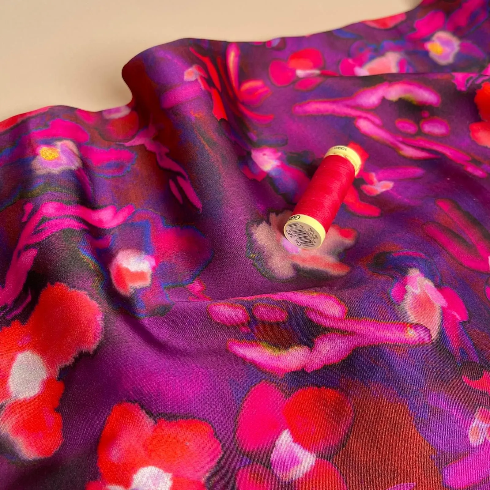 Abstract Petals in Purple Viscose Sateen Fabric