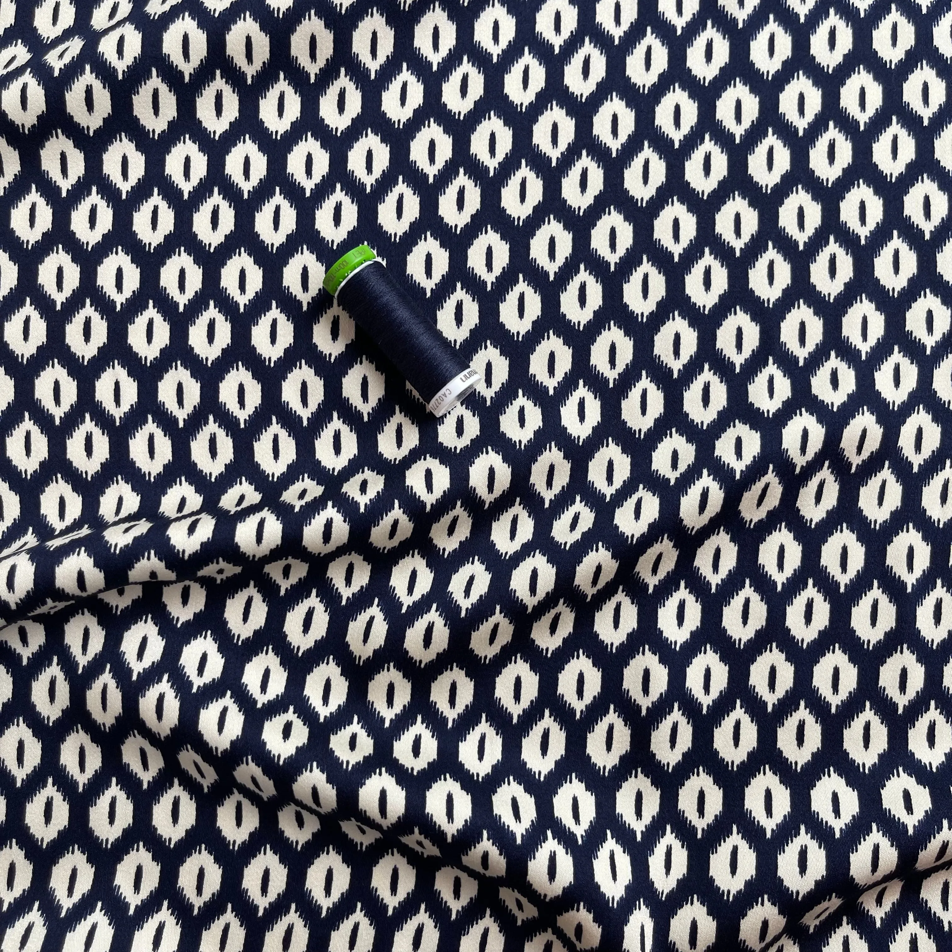 Abstract Rhombus on Navy Viscose Twill Sateen Fabric