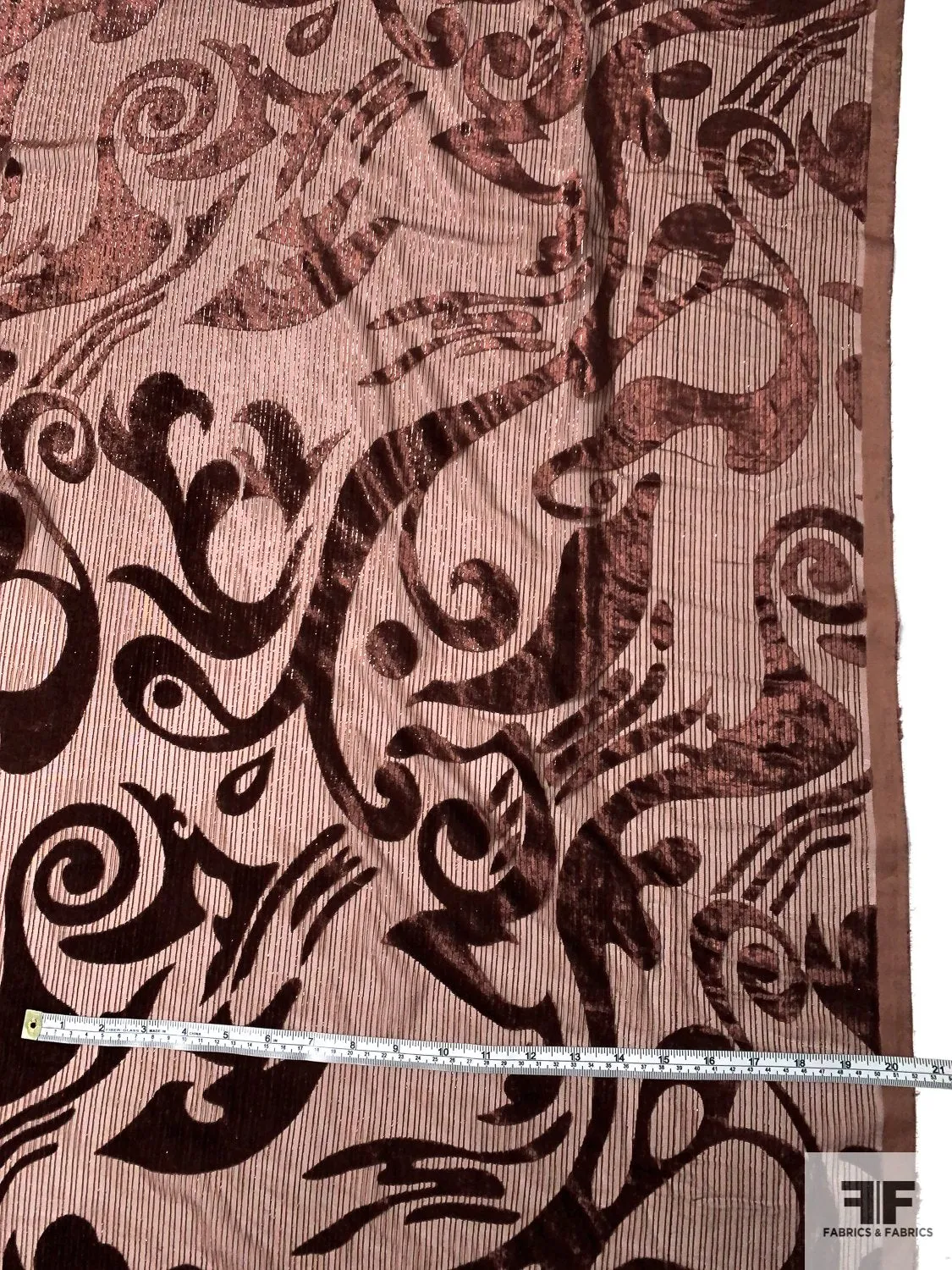 Abstract Swirl Burnout Velvet with Fine Vertical Lurex Stripes - Chocolate Brown