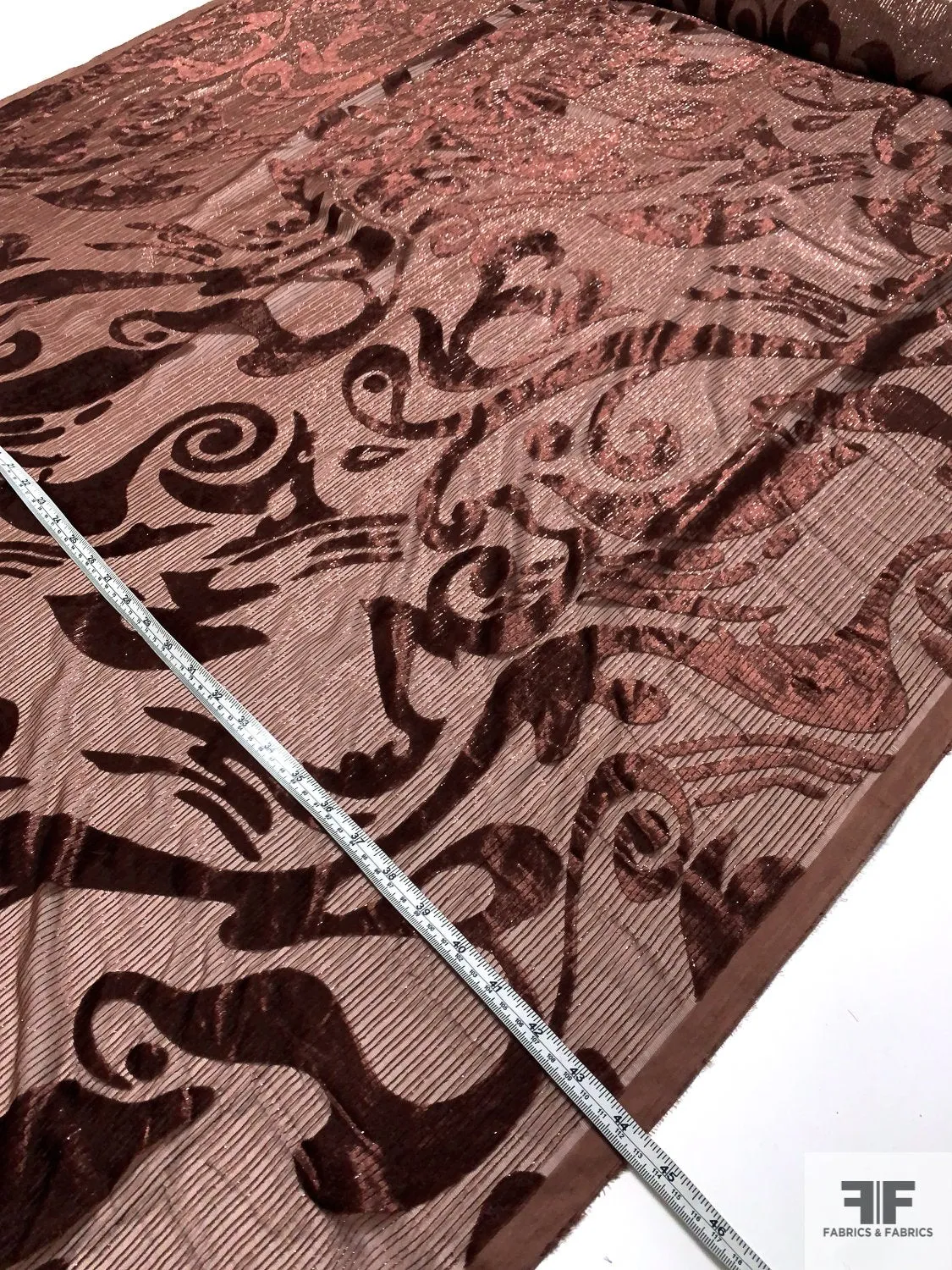 Abstract Swirl Burnout Velvet with Fine Vertical Lurex Stripes - Chocolate Brown