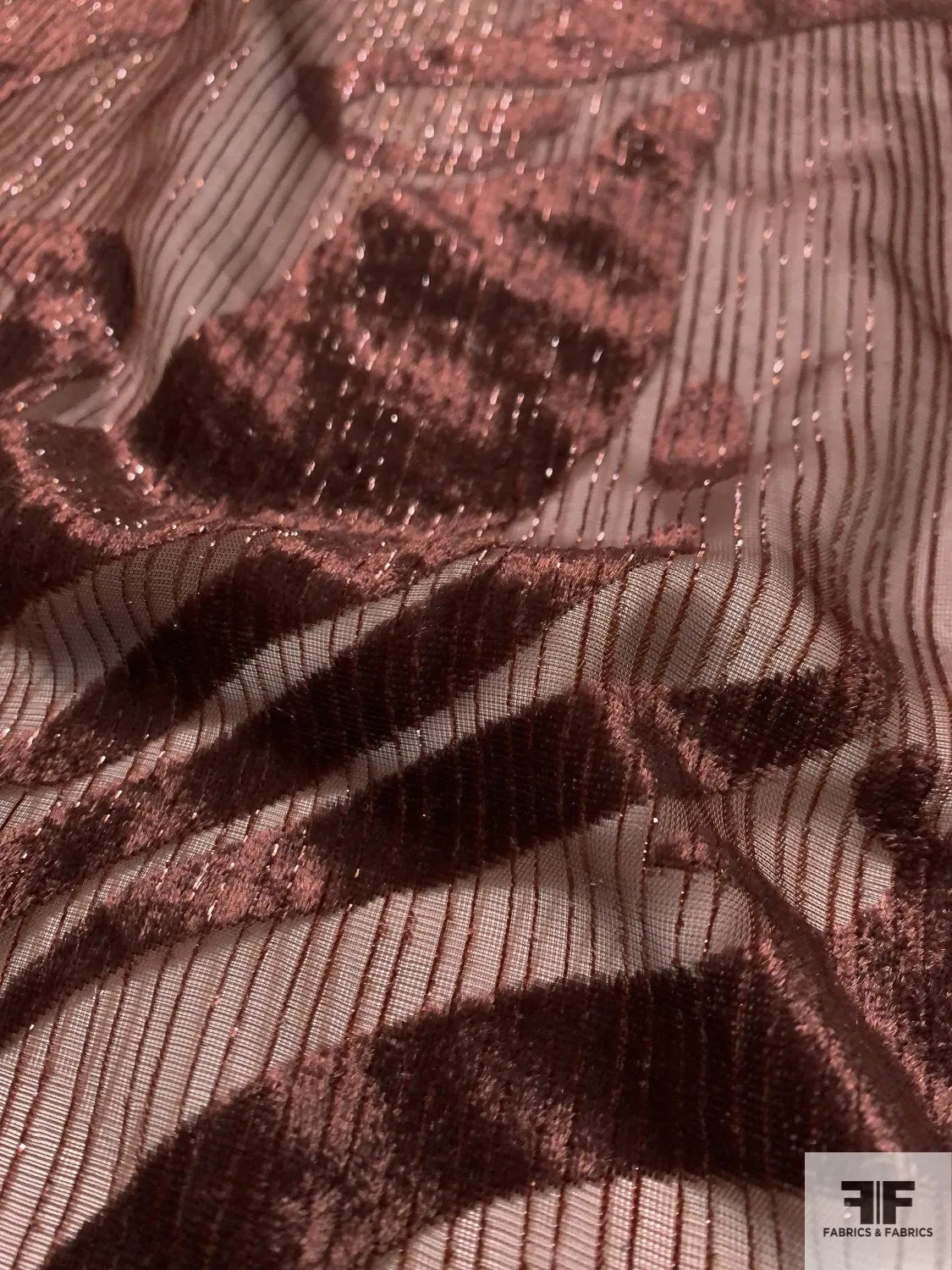 Abstract Swirl Burnout Velvet with Fine Vertical Lurex Stripes - Chocolate Brown