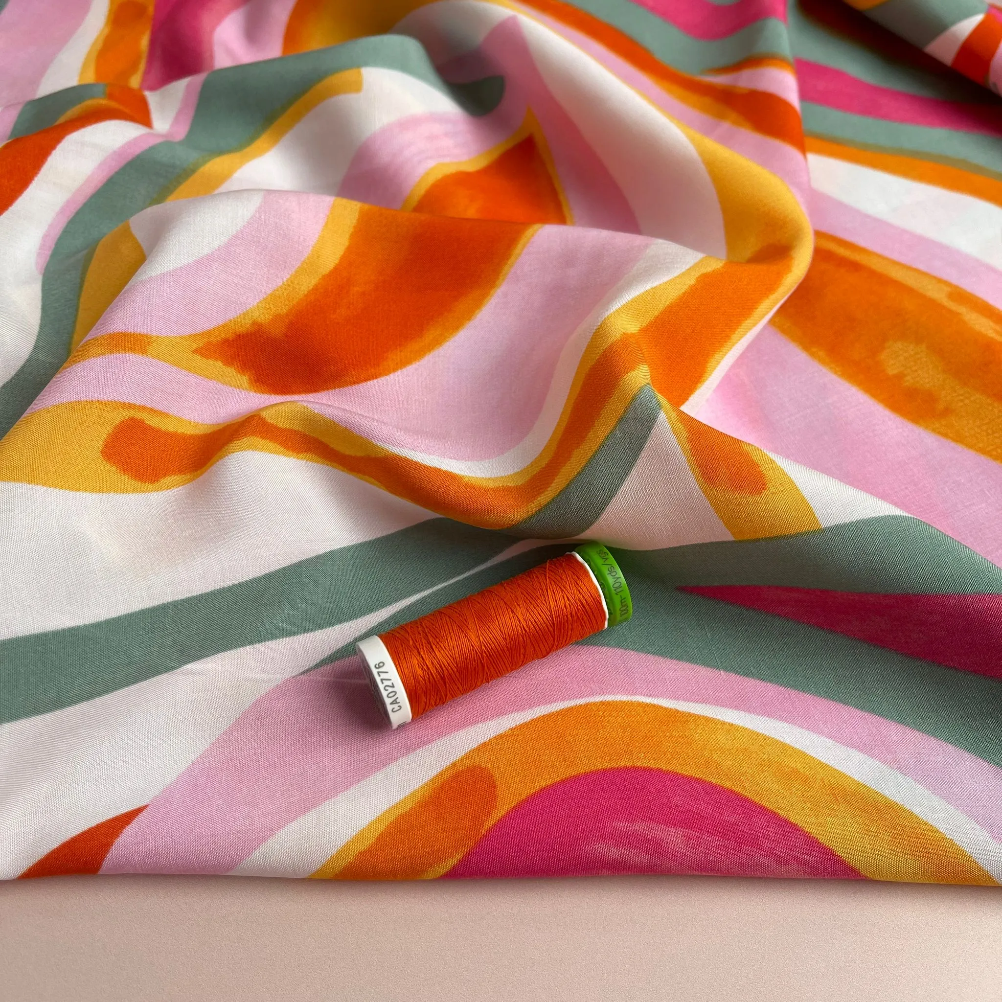 Abstract Waves Pink Viscose Poplin Fabric