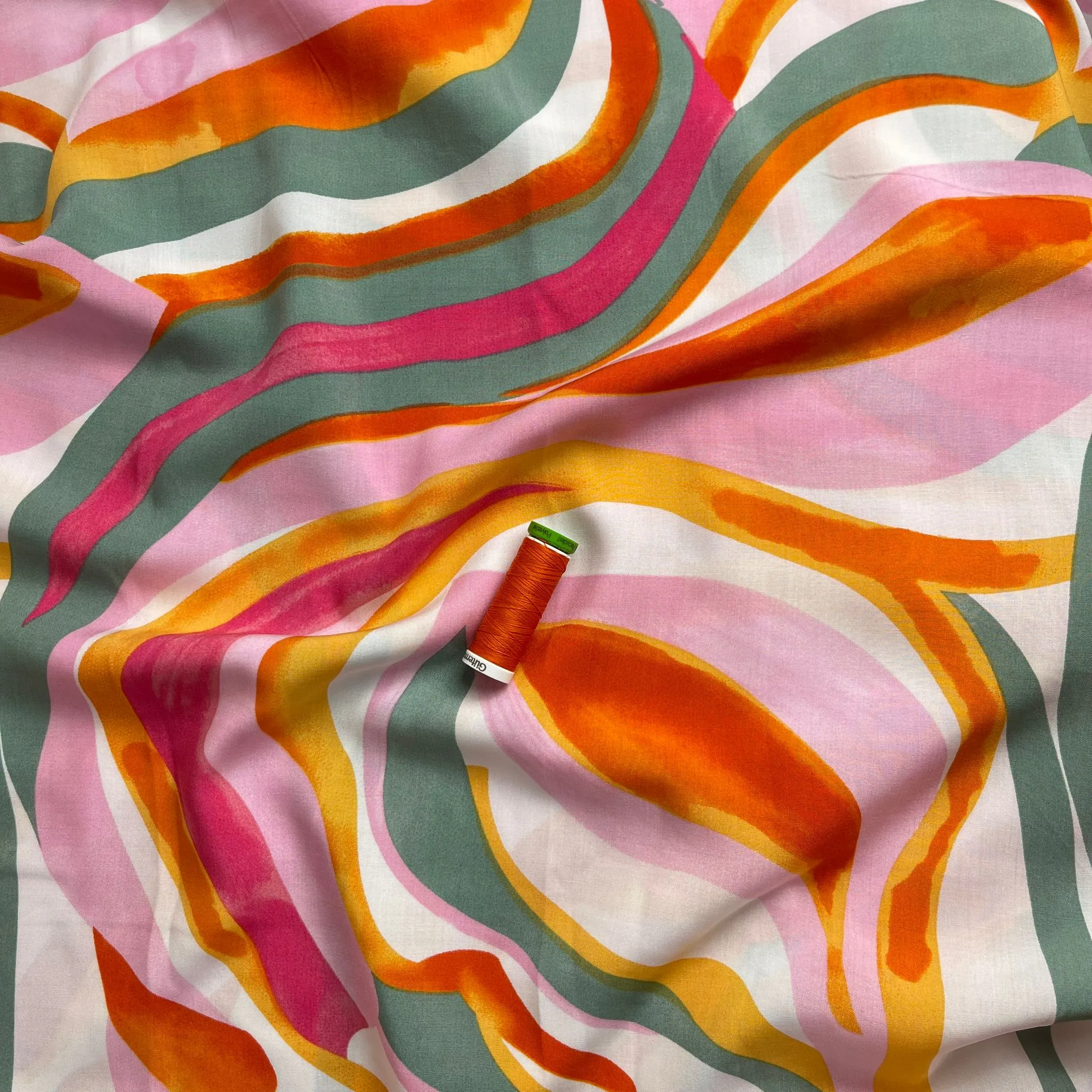 Abstract Waves Pink Viscose Poplin Fabric