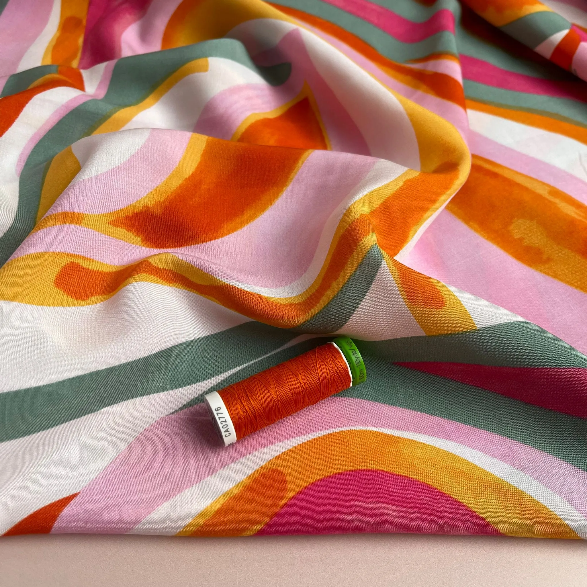 Abstract Waves Pink Viscose Poplin Fabric