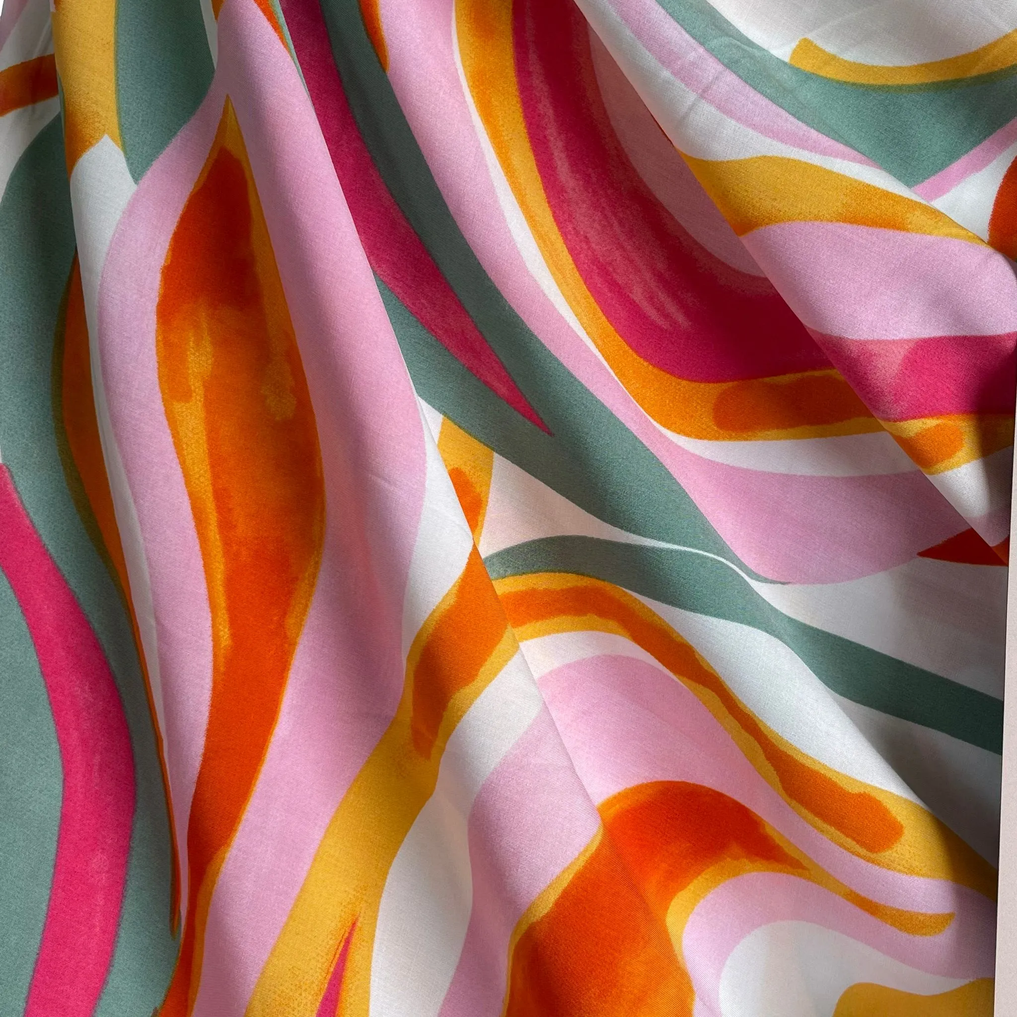 Abstract Waves Pink Viscose Poplin Fabric