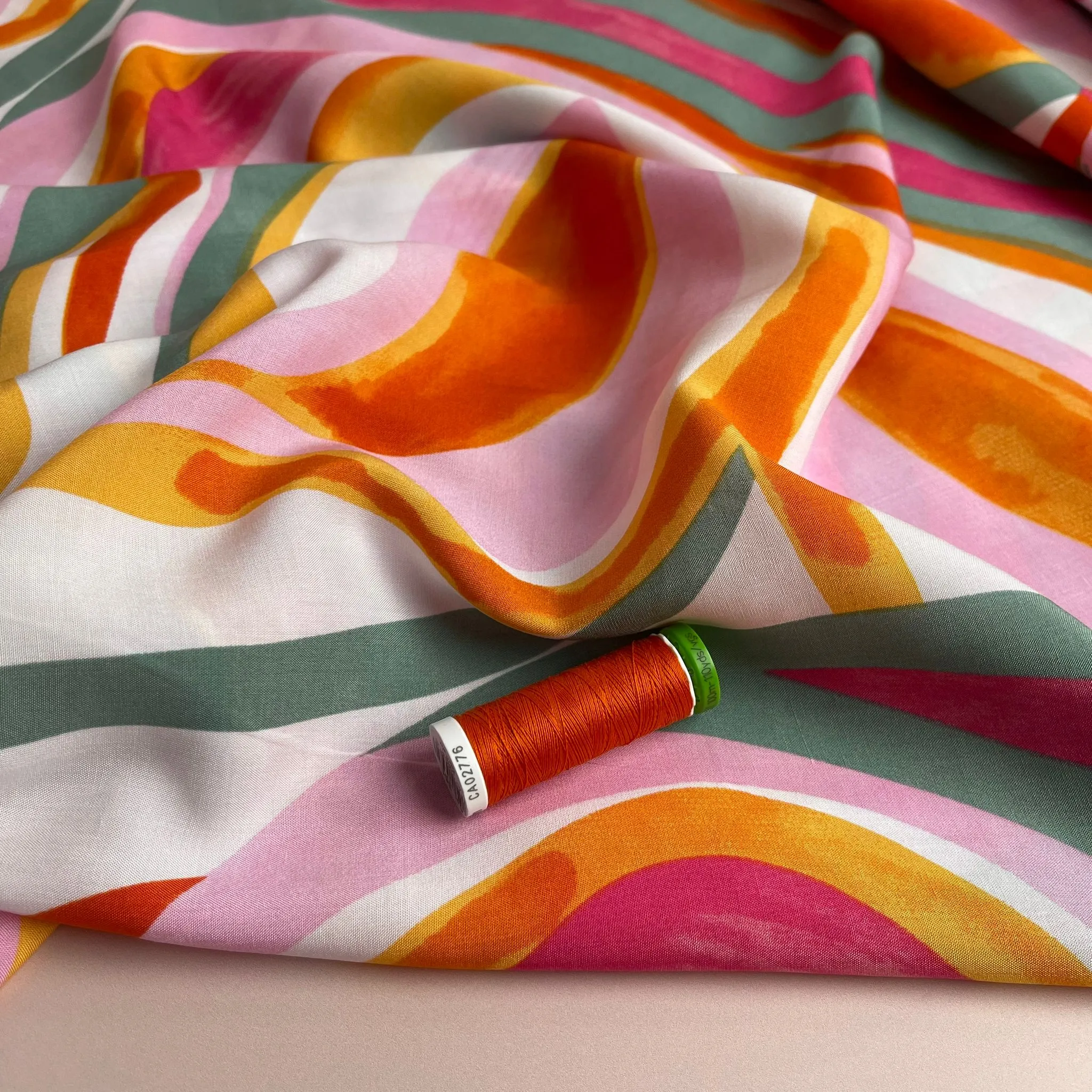 Abstract Waves Pink Viscose Poplin Fabric