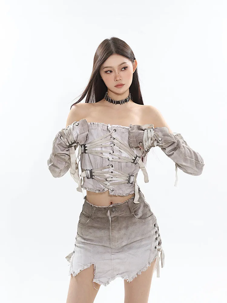 Astana Gradient Ombre Brown & White Distressed Denim Lace Up Front Strap Bandeau Sleeveless Cropped Top   Detachable Sleeves   High Waist Denim Distressed Mini Skirt Matching Set