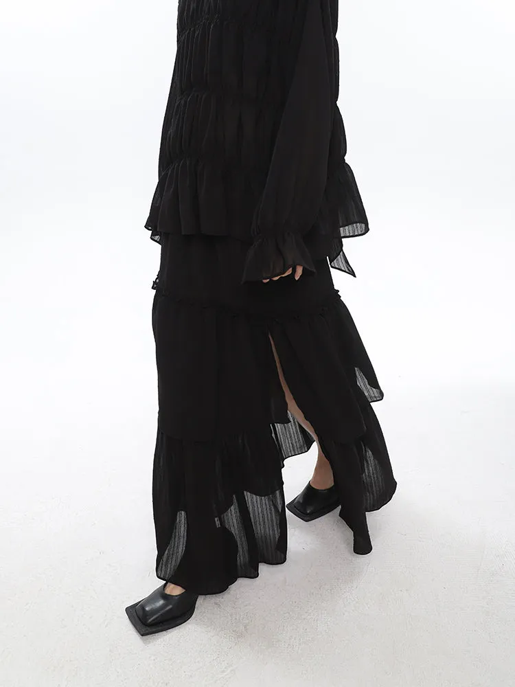 Bailon Solid Color Black Chiffon Pleated Layered Long Blouse Skirt Dress Matching Set