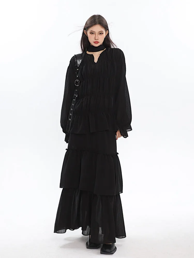 Bailon Solid Color Black Chiffon Pleated Layered Long Blouse Skirt Dress Matching Set