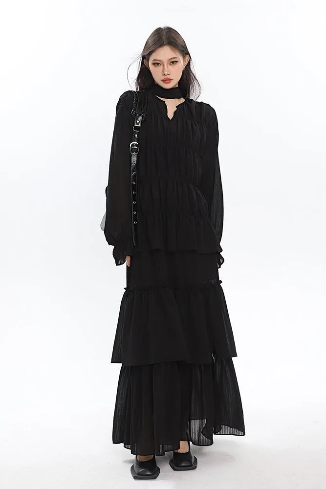 Bailon Solid Color Black Chiffon Pleated Layered Long Blouse Skirt Dress Matching Set