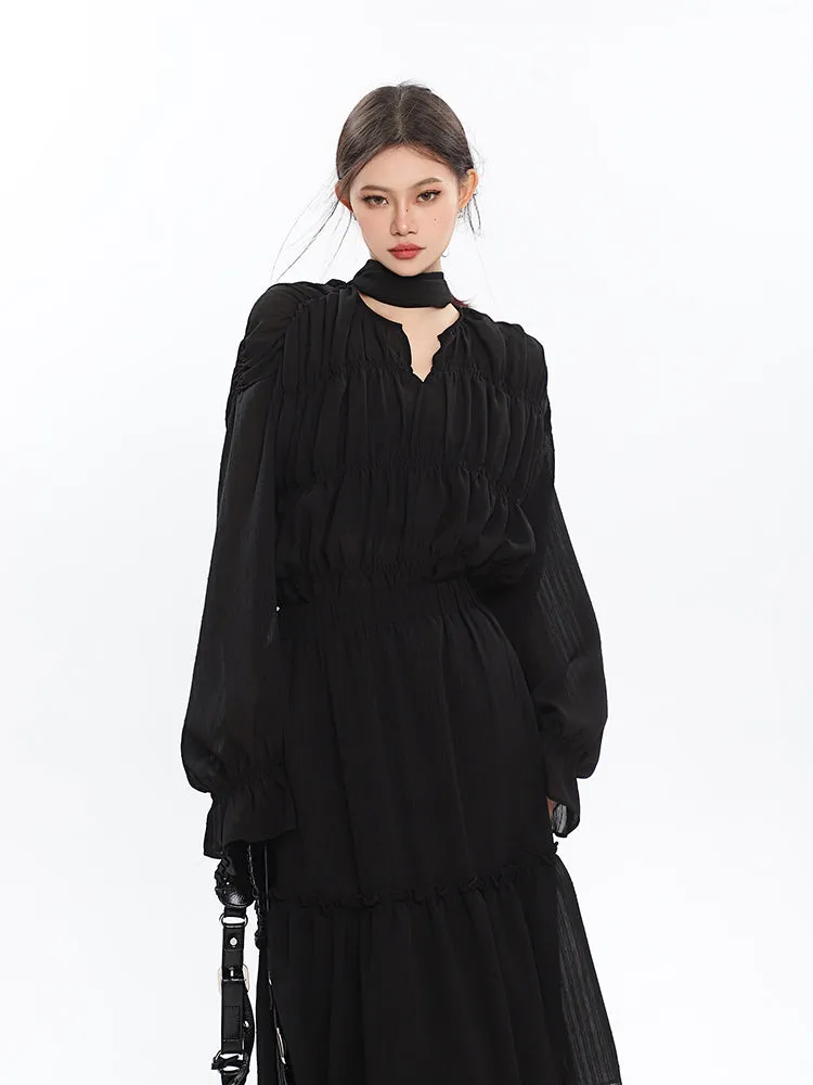 Bailon Solid Color Black Chiffon Pleated Layered Long Blouse Skirt Dress Matching Set