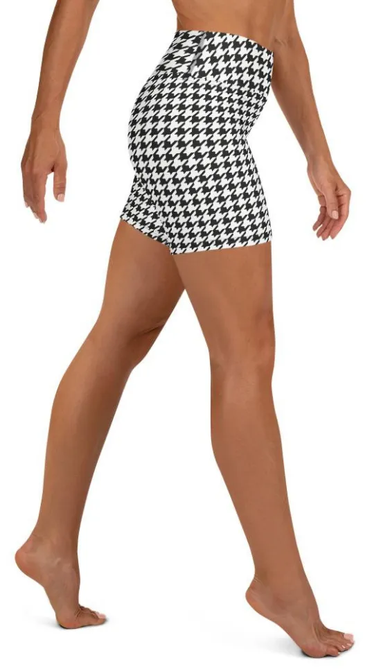 Black & White Houndstooth Print Yoga Shorts