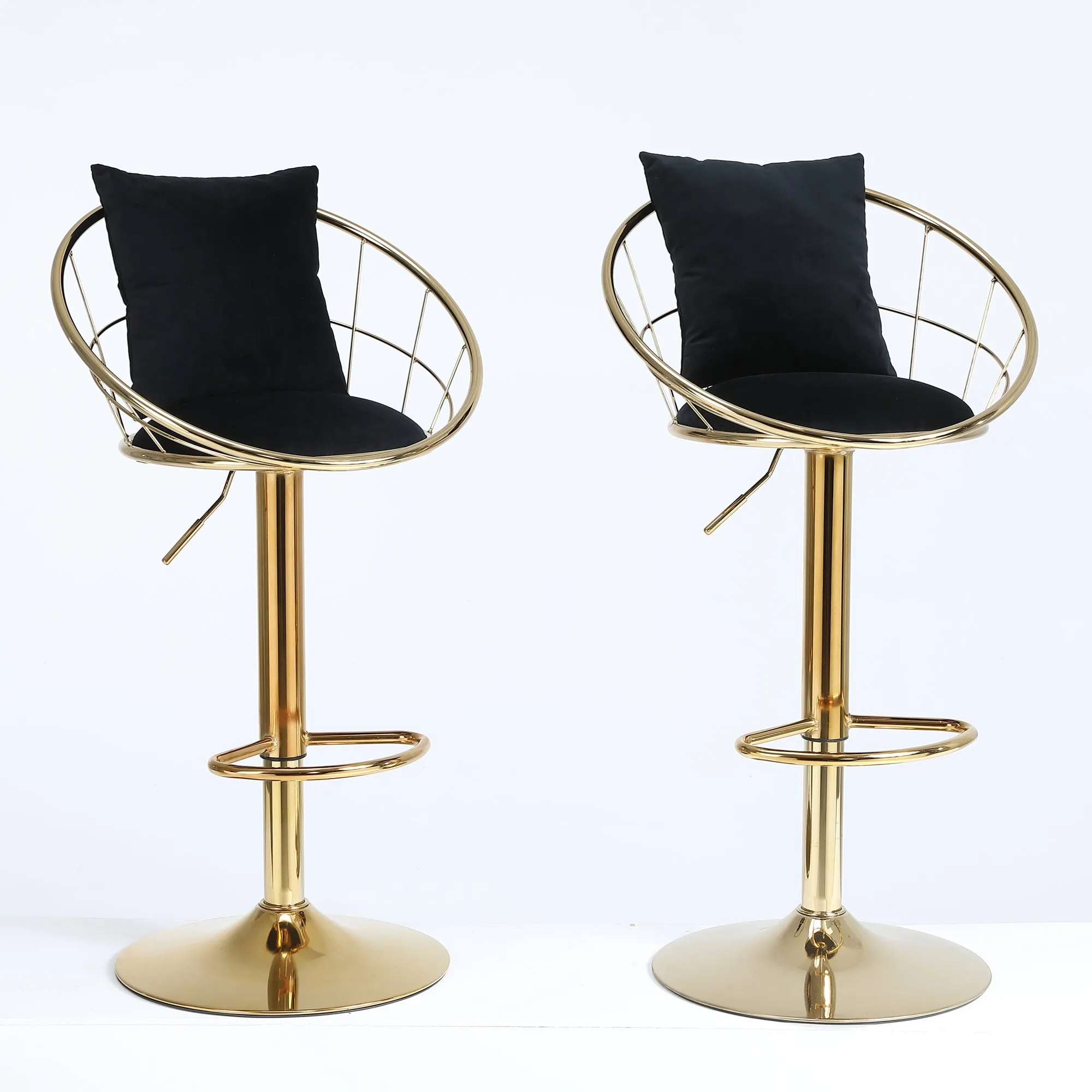 Black velvet bar chair, pure gold plated, unique design，360 degree rotation, adjustable height，Suitable for dinning room and bar，set of 2