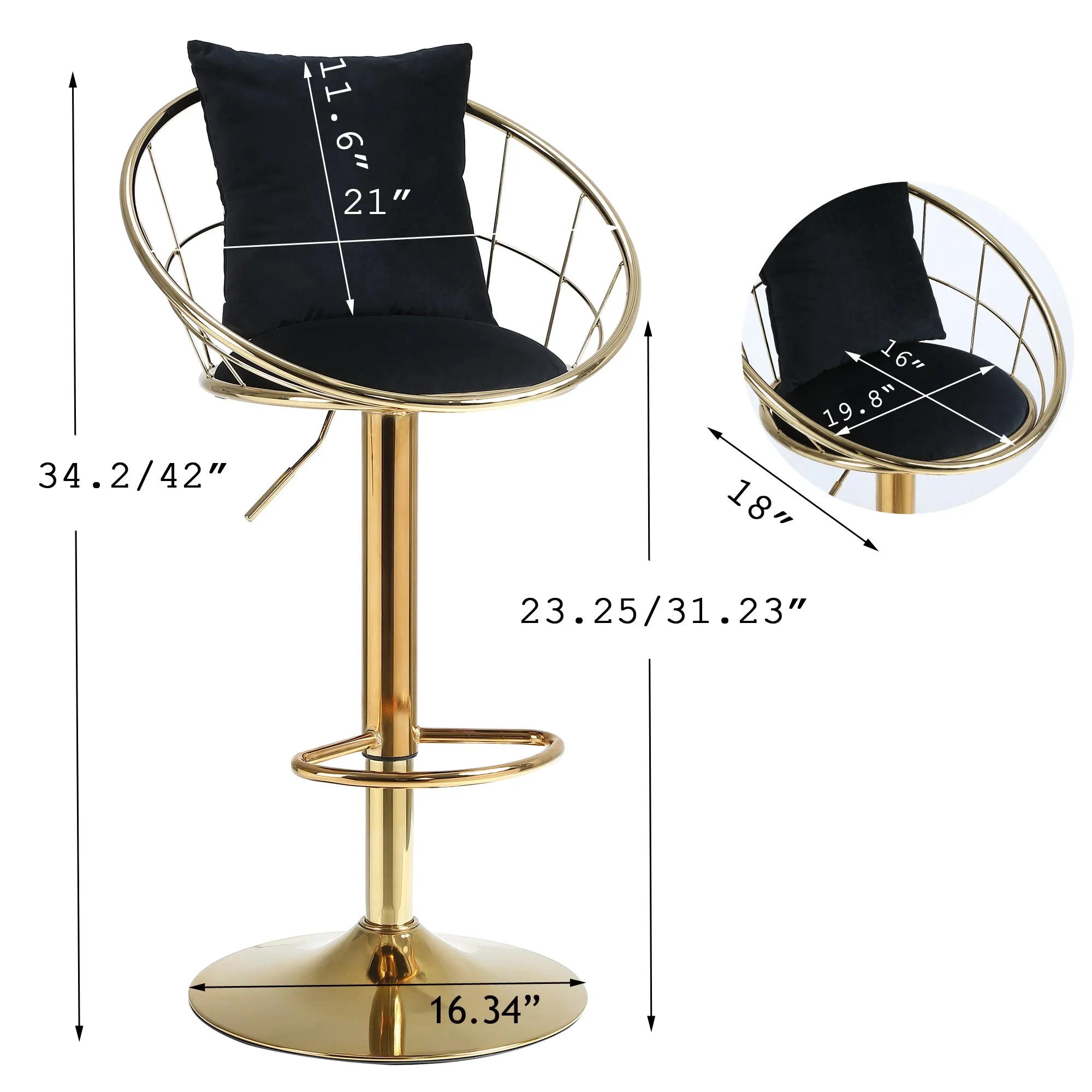 Black velvet bar chair, pure gold plated, unique design，360 degree rotation, adjustable height，Suitable for dinning room and bar，set of 2