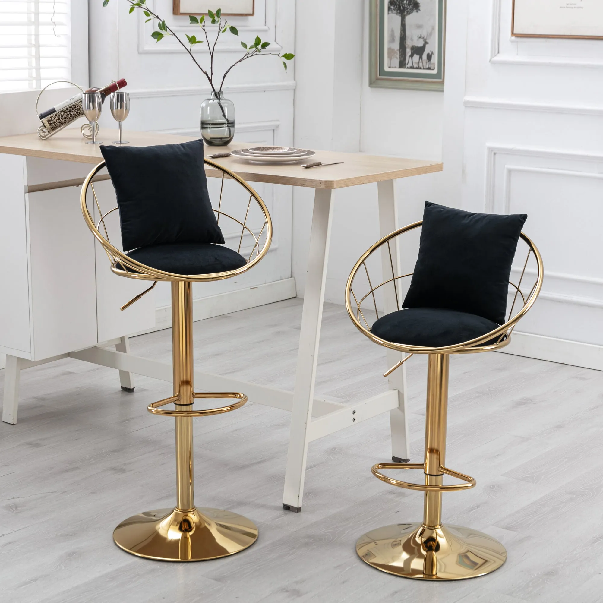 Black velvet bar chair, pure gold plated, unique design，360 degree rotation, adjustable height，Suitable for dinning room and bar，set of 2