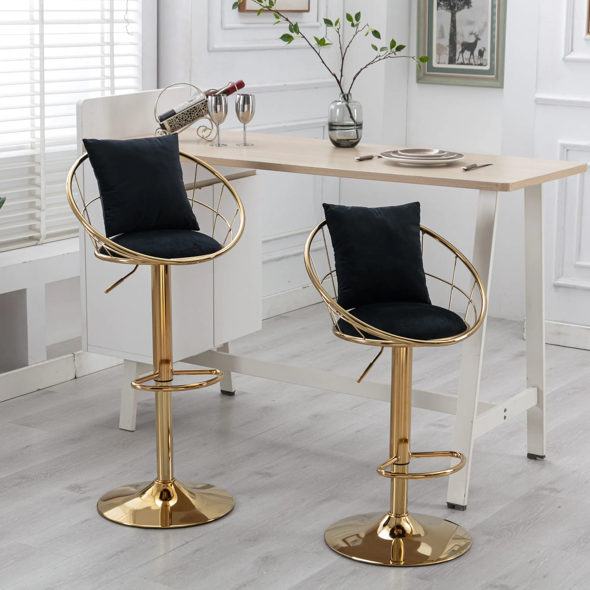 Black velvet bar chair, pure gold plated, unique design，360 degree rotation, adjustable height，Suitable for dinning room and bar，set of 2