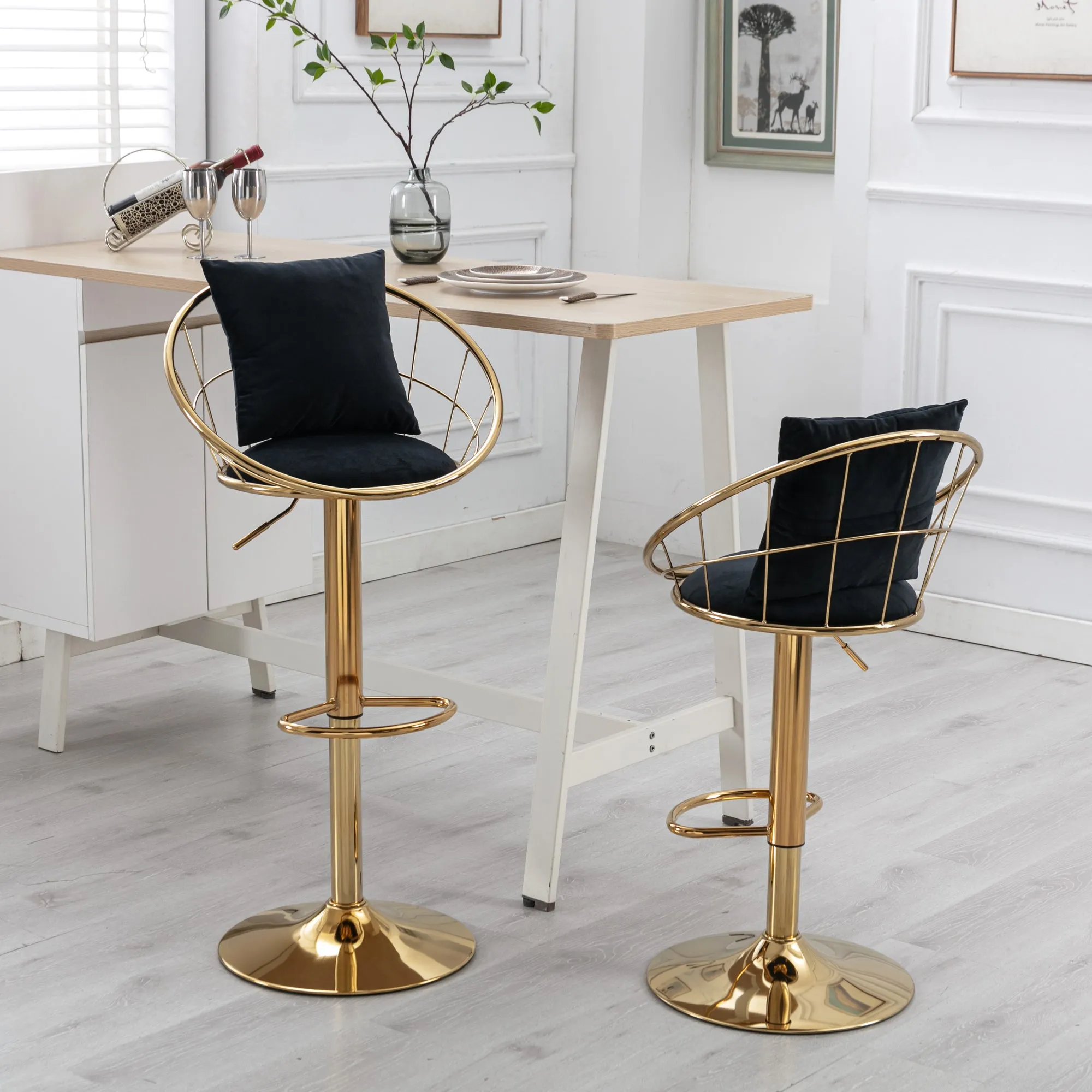 Black velvet bar chair, pure gold plated, unique design，360 degree rotation, adjustable height，Suitable for dinning room and bar，set of 2