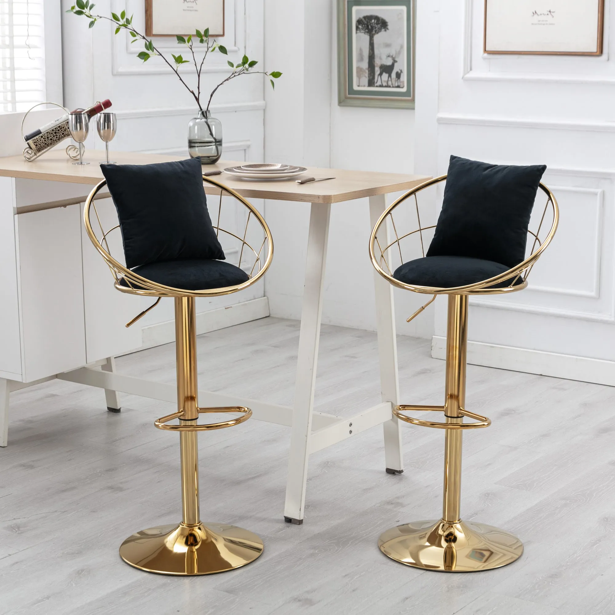 Black velvet bar chair, pure gold plated, unique design，360 degree rotation, adjustable height，Suitable for dinning room and bar，set of 2