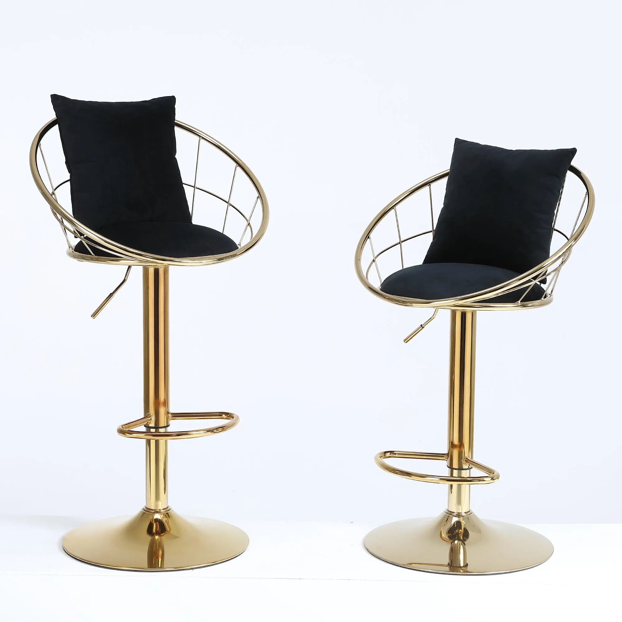 Black velvet bar chair, pure gold plated, unique design，360 degree rotation, adjustable height，Suitable for dinning room and bar，set of 2