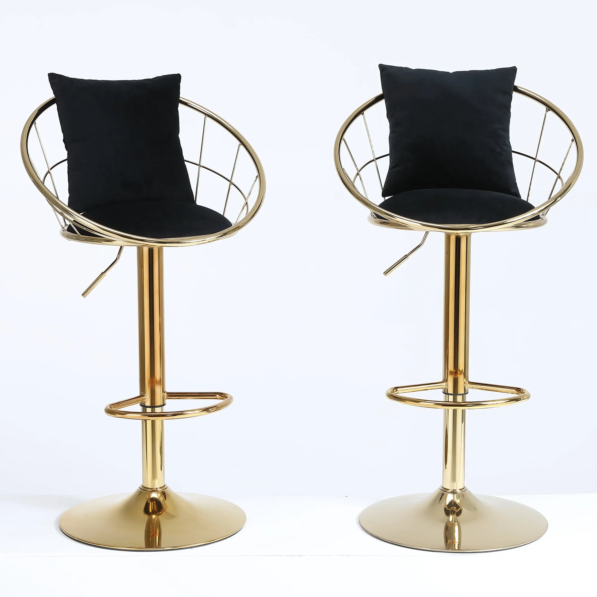 Black velvet bar chair, pure gold plated, unique design，360 degree rotation, adjustable height，Suitable for dinning room and bar，set of 2