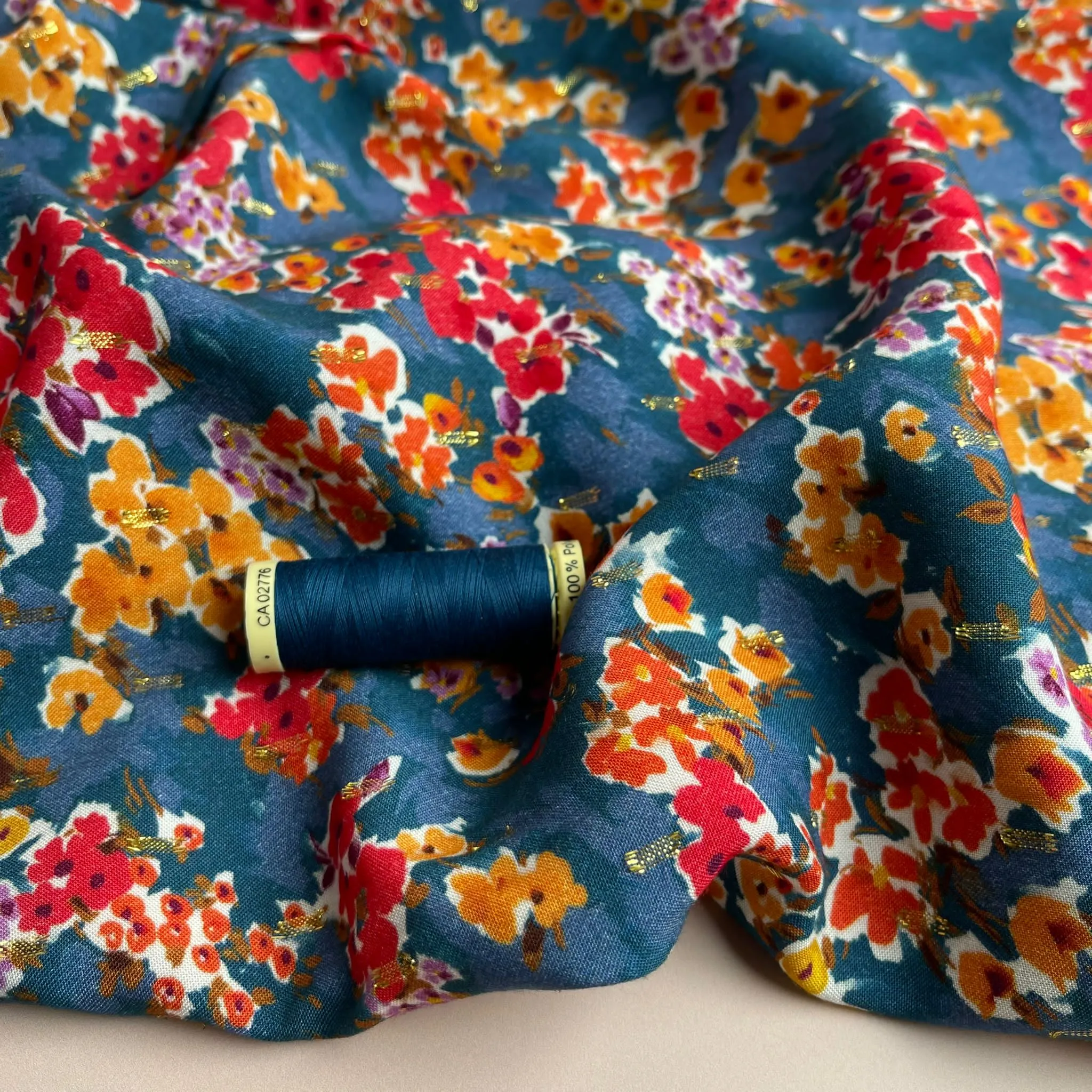 Blossoms on Blue with Lurex Viscose Fabric