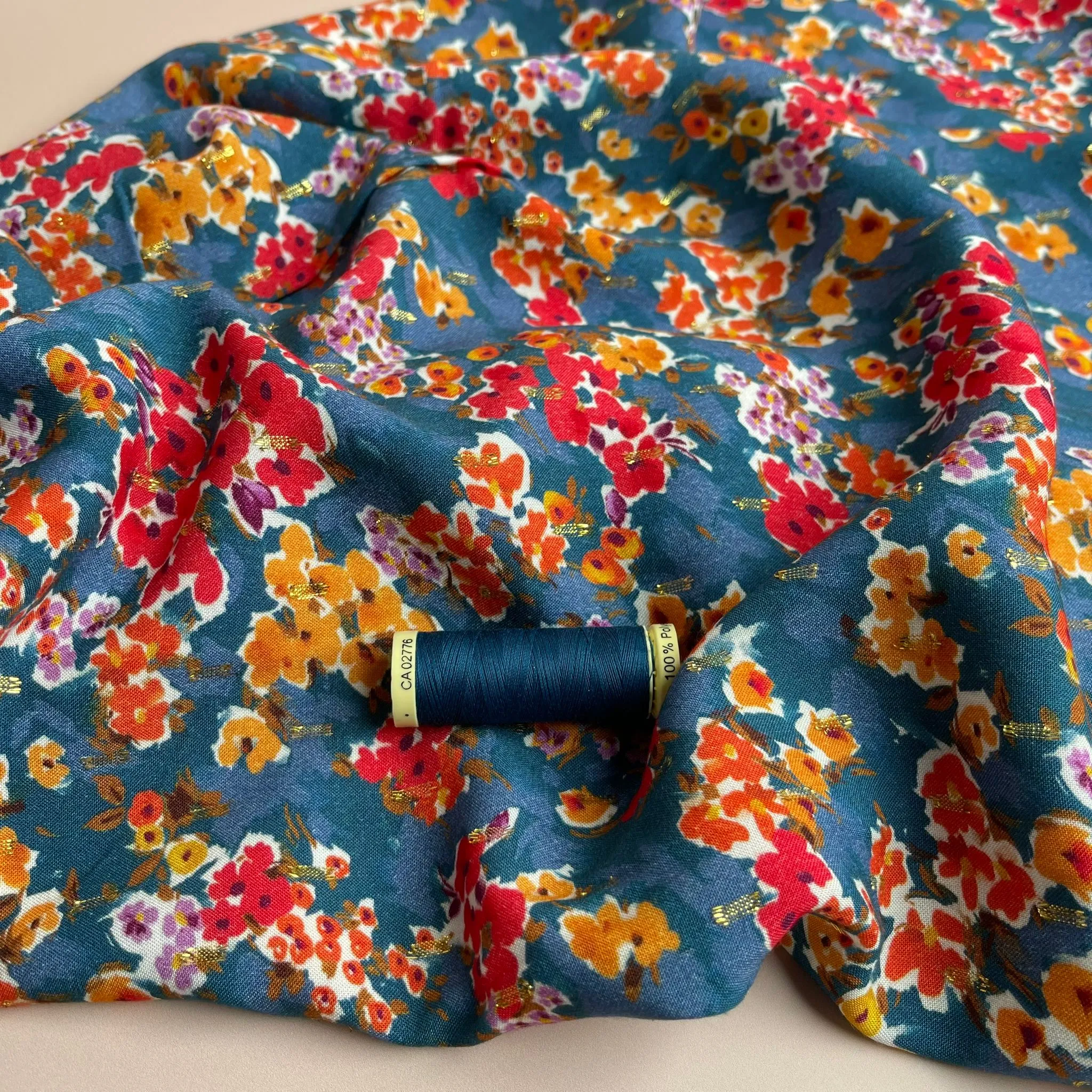 Blossoms on Blue with Lurex Viscose Fabric