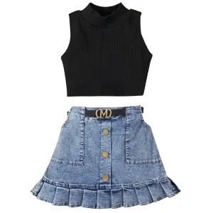 Bottom Pleated Denim Skirt Set