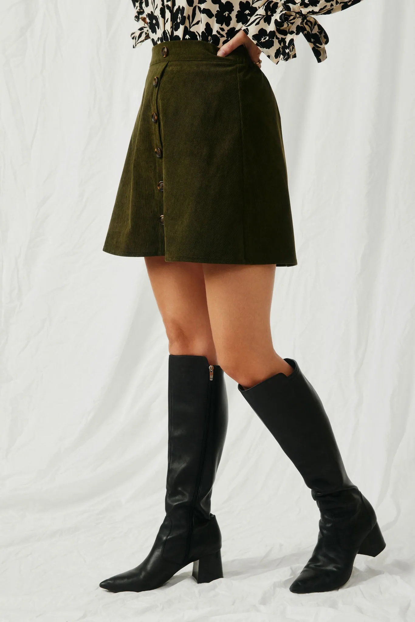 Button Front Suede Flare Skirt