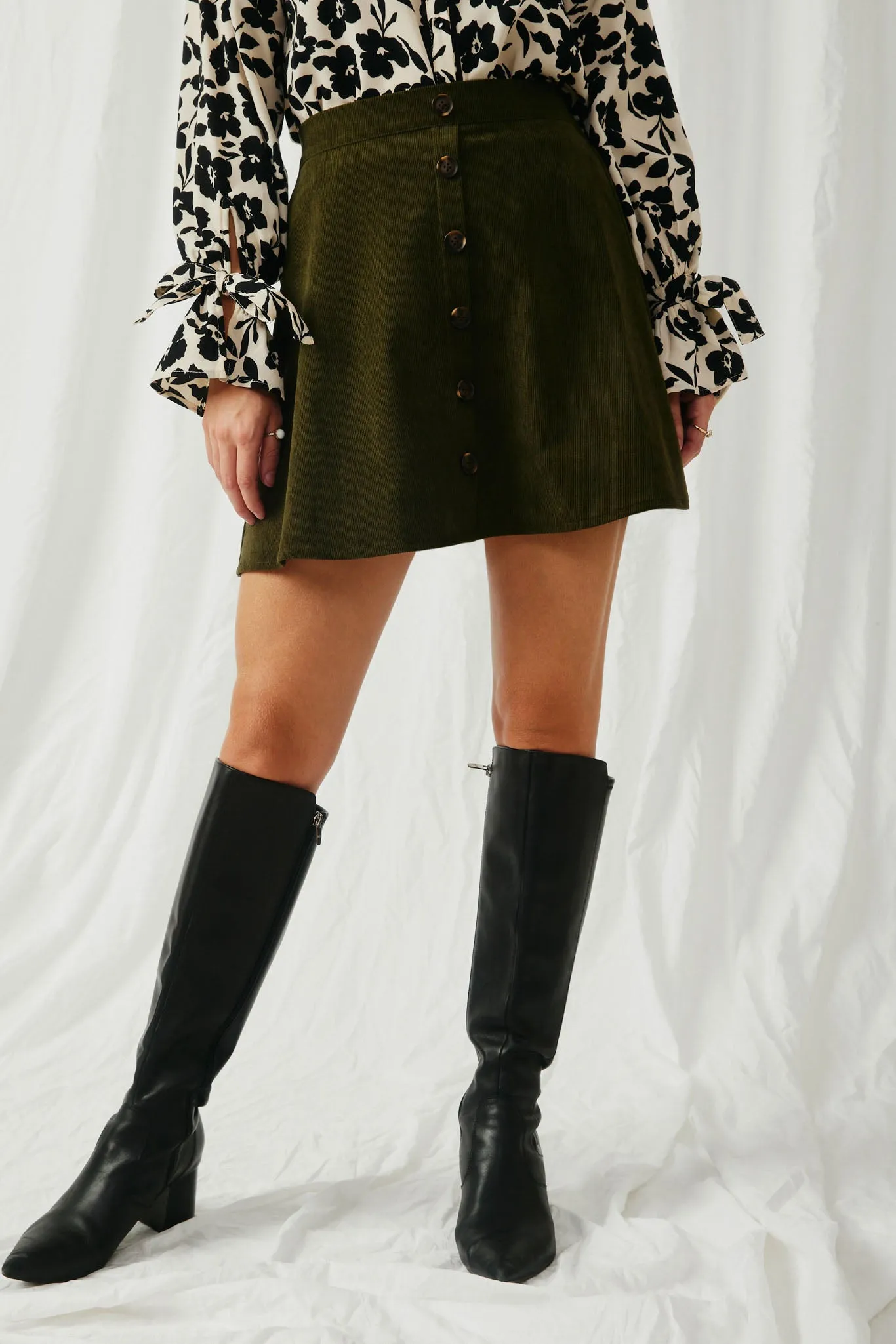 Button Front Suede Flare Skirt