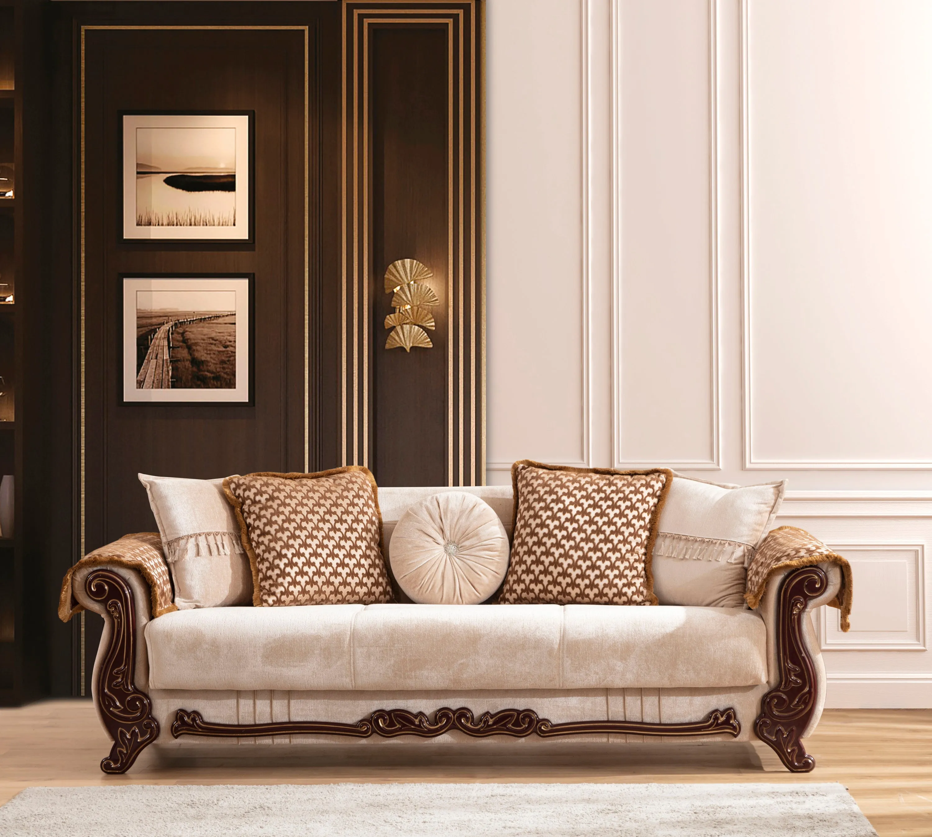 Carmen Sofa Finished With Chenille Upholstery in Beige Color