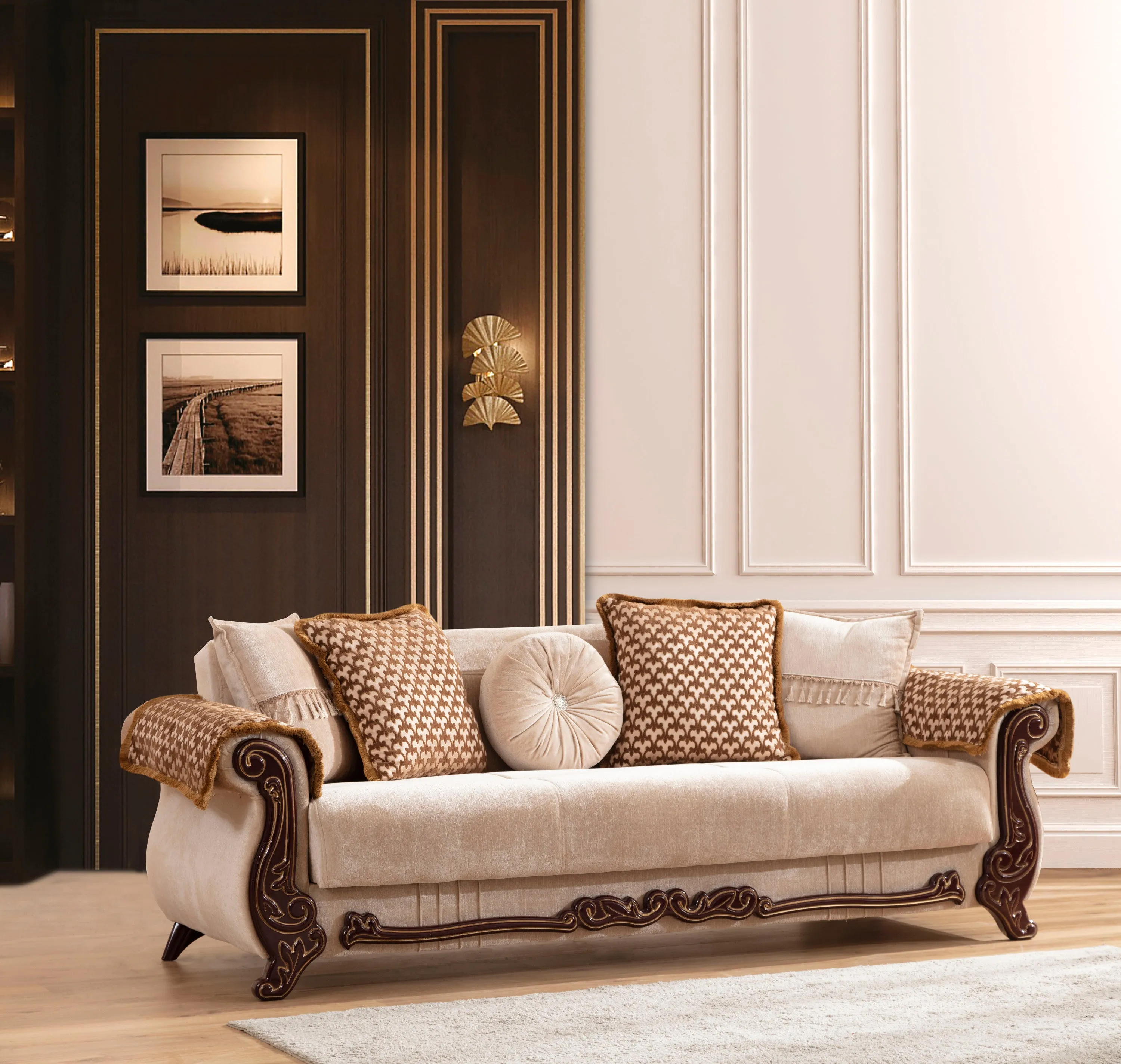 Carmen Sofa Finished With Chenille Upholstery in Beige Color