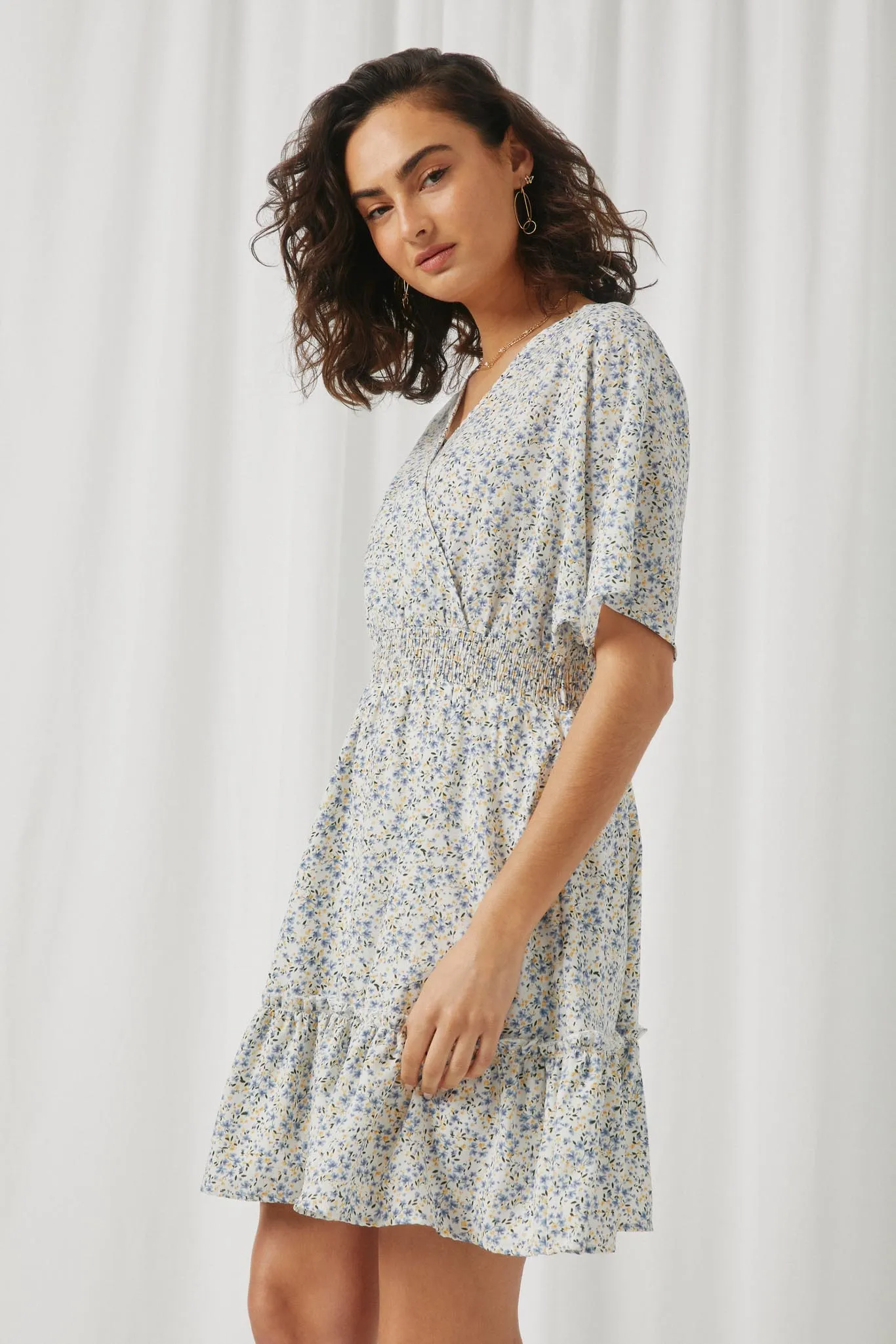 Ditsy Floral Smocked Waist Surplice Mini Dress