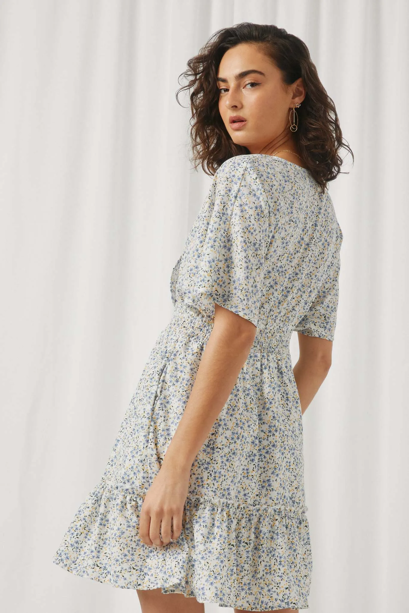 Ditsy Floral Smocked Waist Surplice Mini Dress