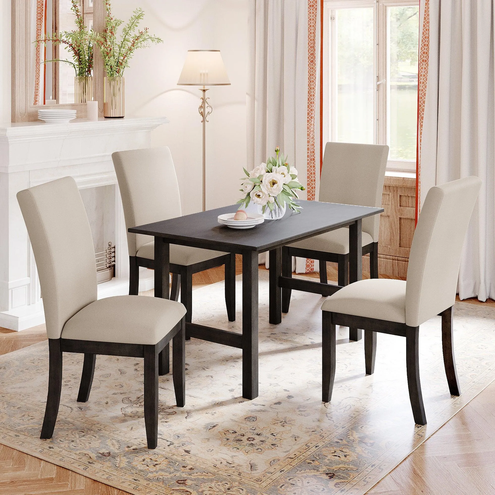 Farmhouse 5-Piece Wood Dining Table Set for 4, Kitchen Furniture Set with 4 Upholstered Dining Chairs for Small Places, Gray Table Beige Chair