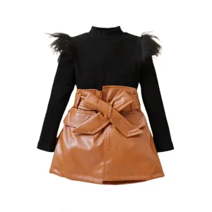 Feather Should Top And Leather Skirt Set