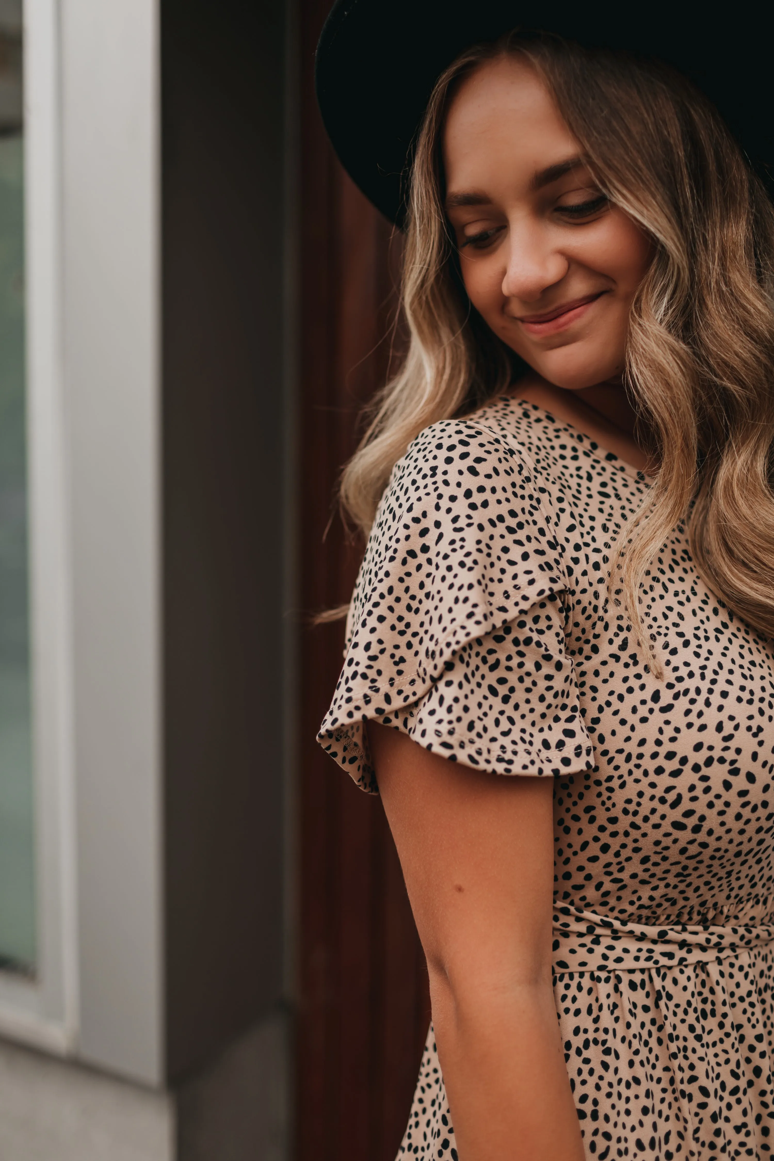 Ivy Dotted Dress in Taupe