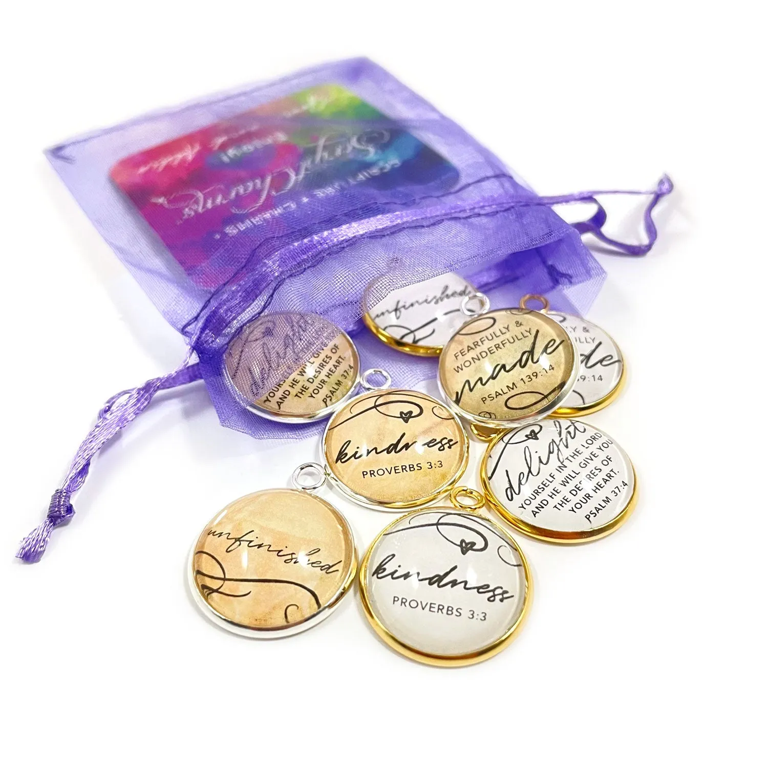 Kindness, Delight, Unfinished, Fearfully & Wonderfully Made – Bulk Christian Scripture Charms for Jewelry Making – 20mm, Silver, Gold