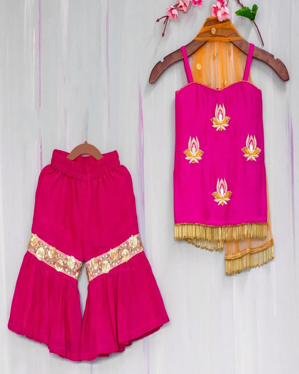 Magenta Hand Embroidered Lotus Motif Sharara Kurta