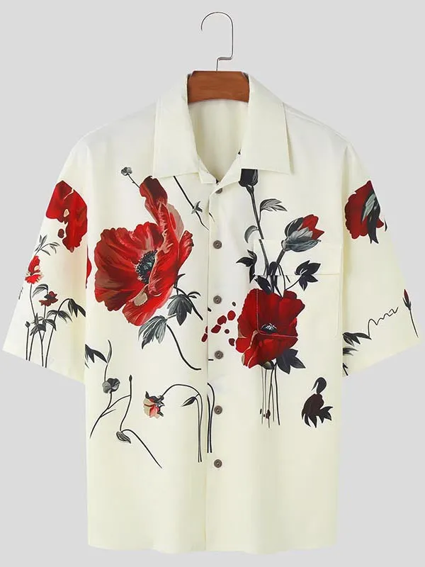 Mens Floral Print Cuban Collar Short Sleeve Shirt SKUK70556