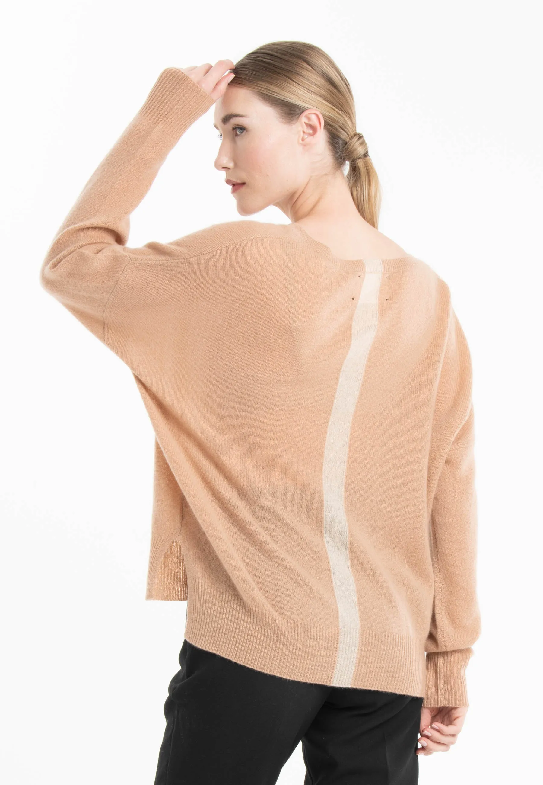 NAMI 23 Pull col V en cachemire avec bande couleur camel/beige