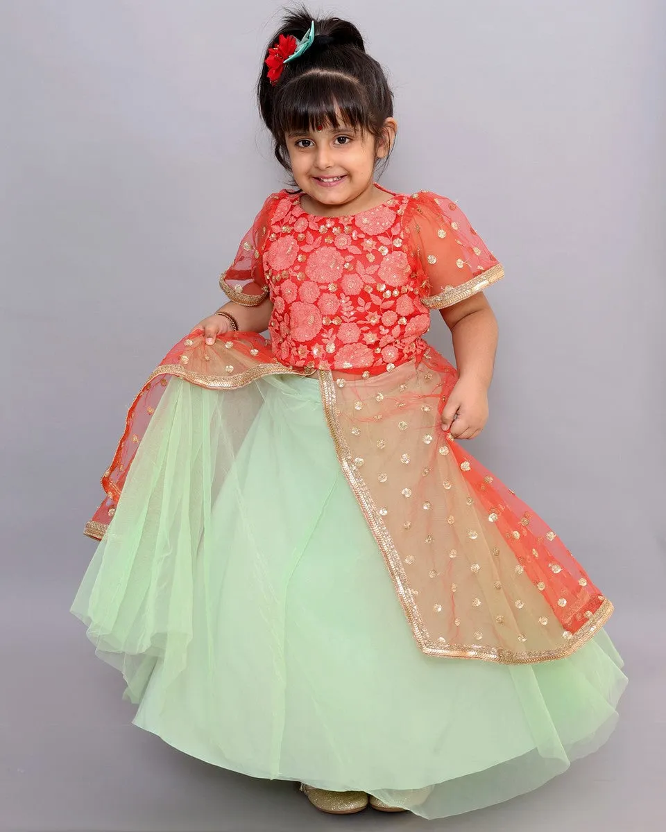 Pre-Order : Peach and Green Lehenga Set