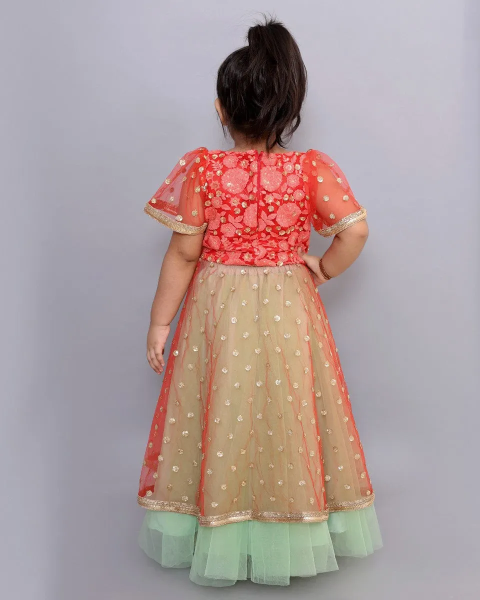 Pre-Order : Peach and Green Lehenga Set