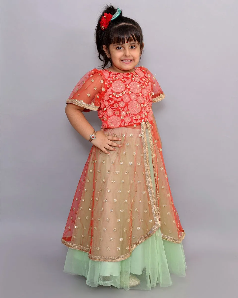 Pre-Order : Peach and Green Lehenga Set