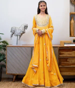 Pre-Order : Yellow Embroidered Anarkali Set for Girls