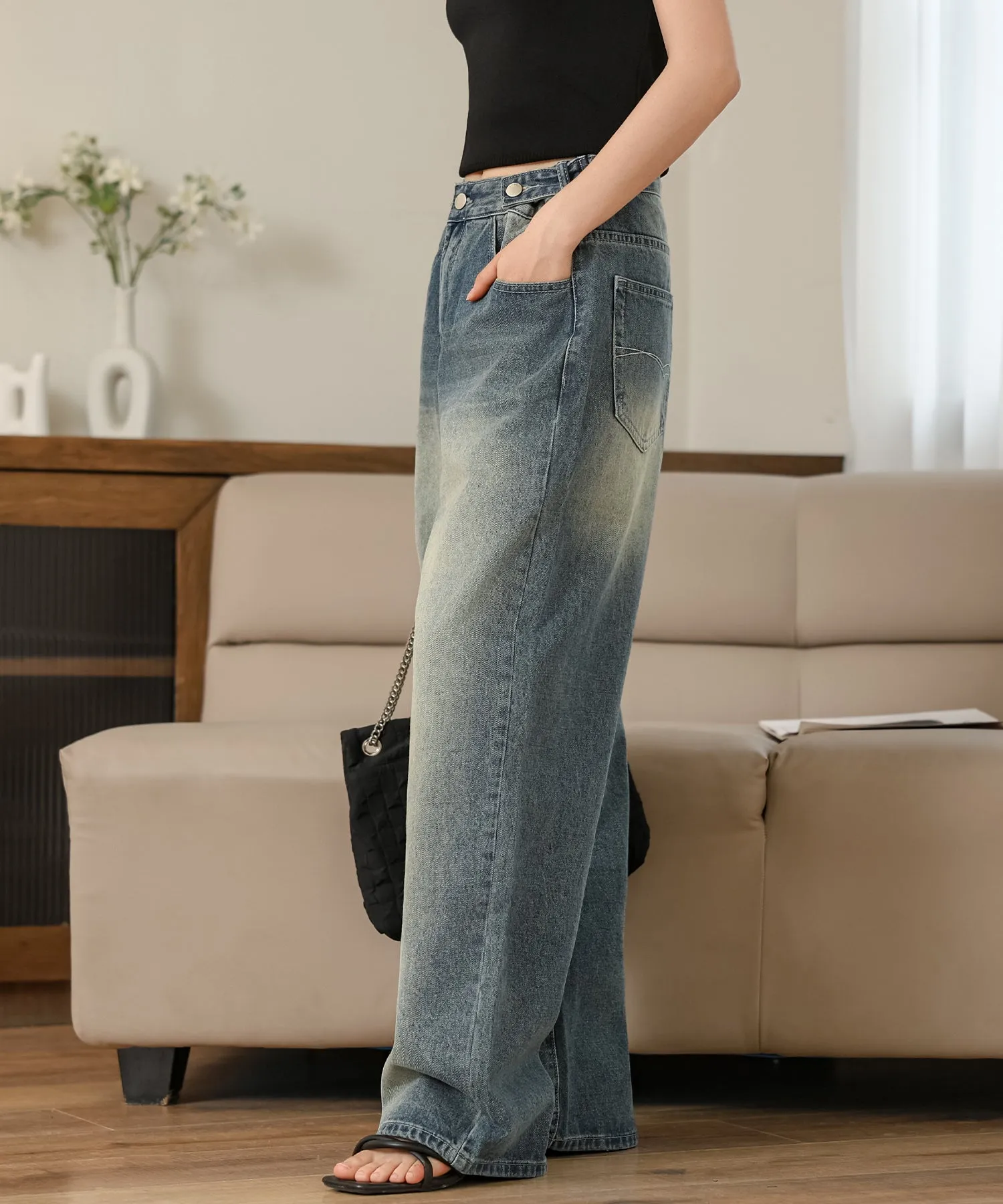 side button high waist wide denim