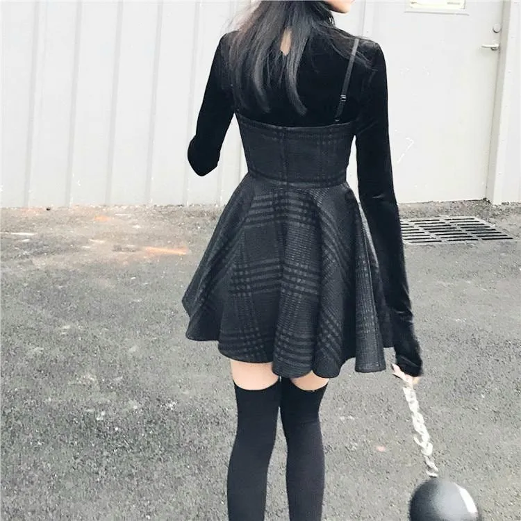 'Sorrow' Black and Grey Plaid Dress