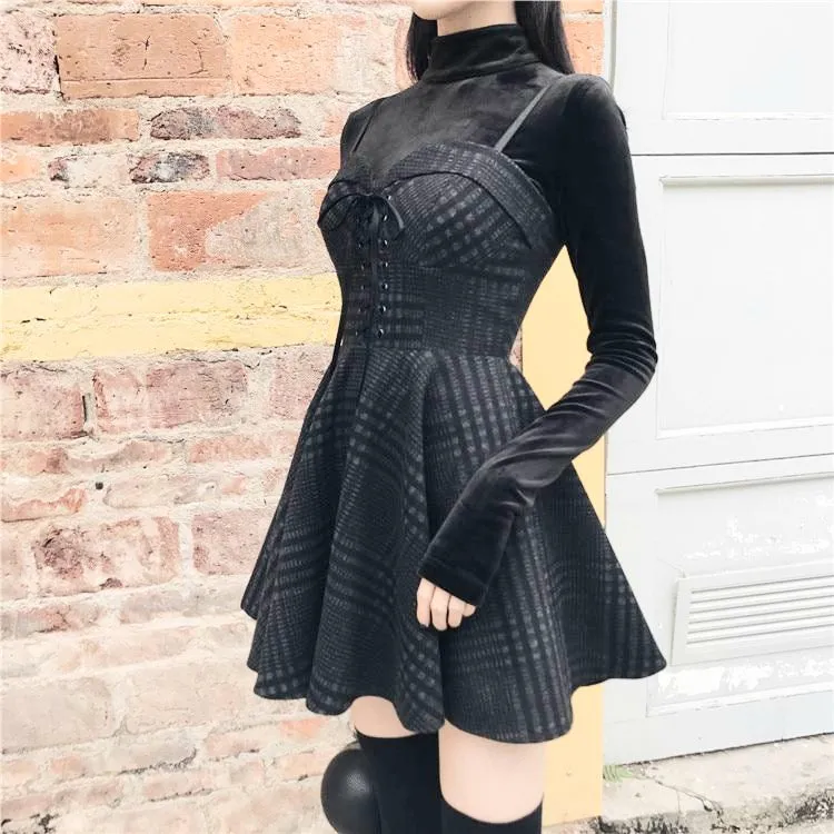 'Sorrow' Black and Grey Plaid Dress